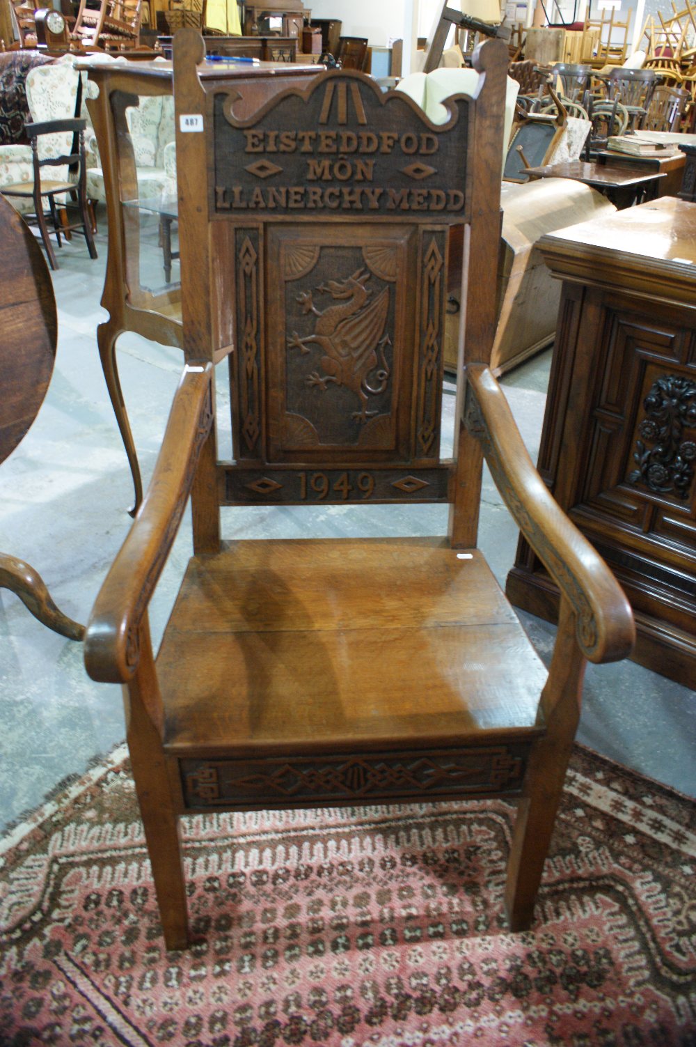 A Welsh Oak Eisteddfod Bardic Chair For Llanerchymedd 1949, Makers Label To The Base For William