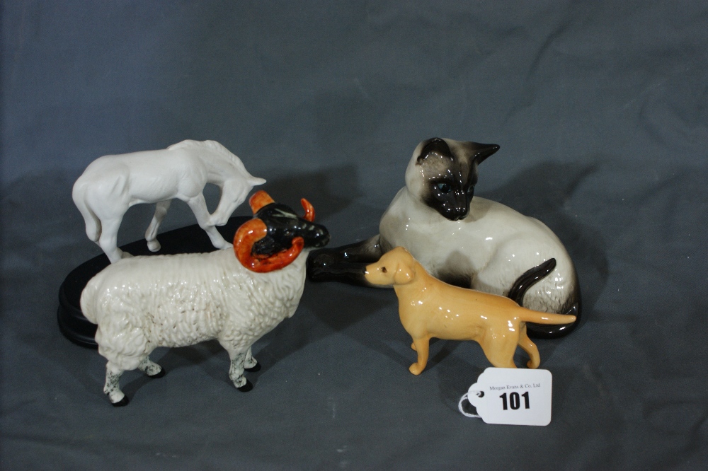 A Beswick Model Seated Siamese Cat, Standing Ram And Golden Retriever Together With A Royal