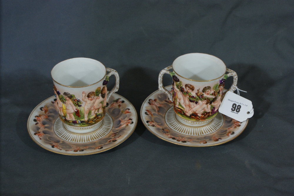 Two Antique Naples Bacchanalia Cups And Saucers With Branch Handles And Cherub Decoration, Blue