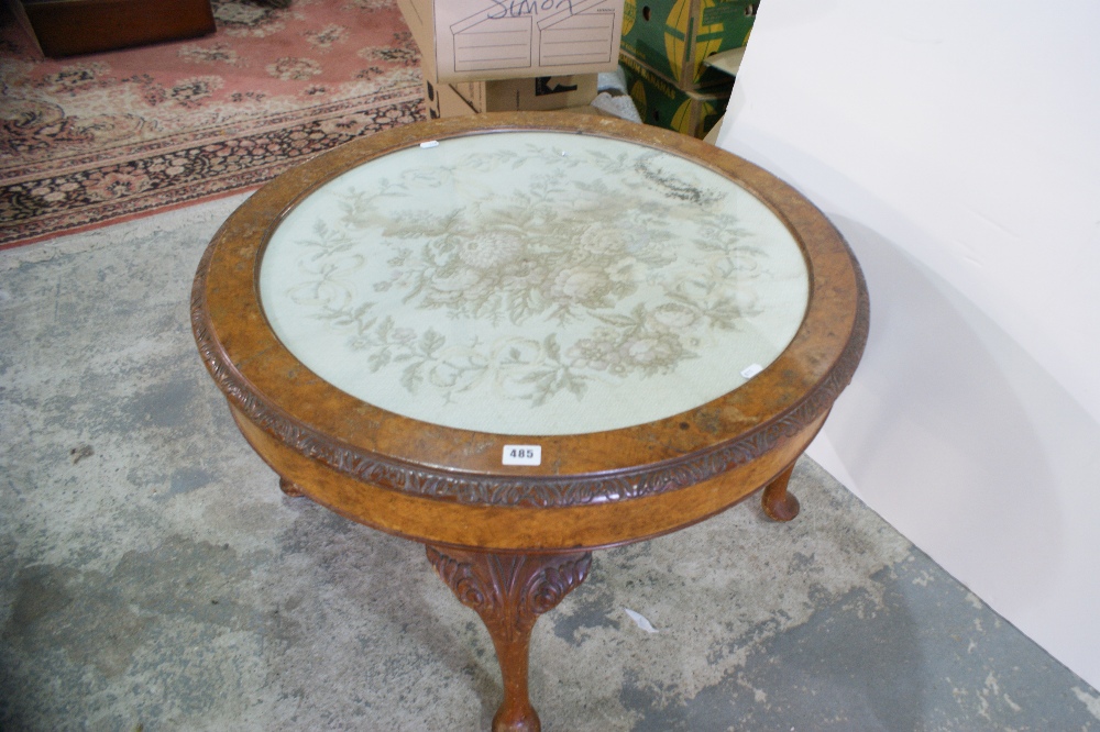 An Early 20th Century Walnut Circular Topped Occasional Table With Wool Work Panel