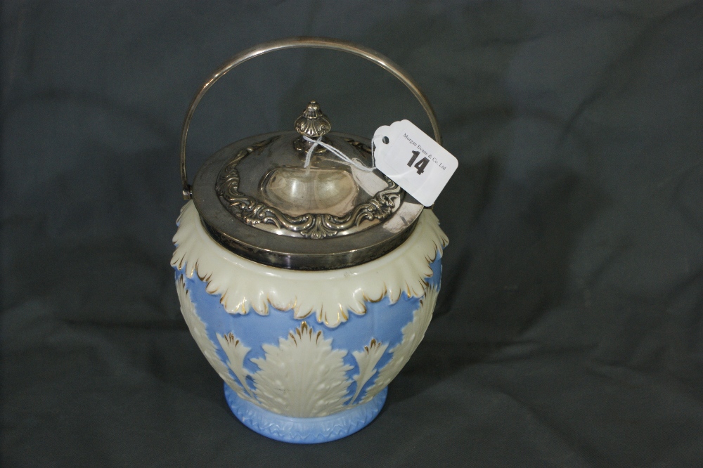 A Locke & Co Worcester Blue And Cream Decorated Biscuit Barrel With Plated Mounts