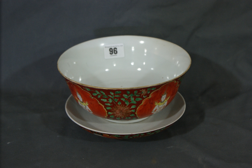 A Circular Based Canton Bowl And Cover Decorated With Panels Of Temple Figures Between Foliate