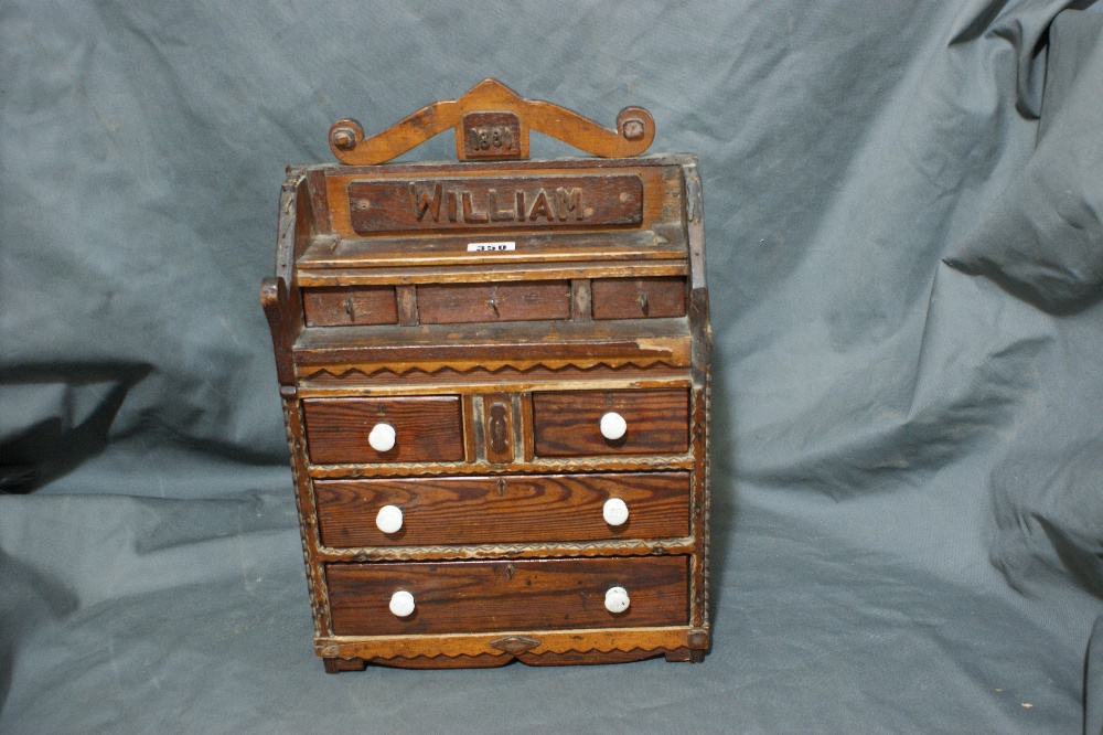A 19th Century Pitch Pine Apprentice Type Chest Of Drawers Named William And Dated 1881 16"High