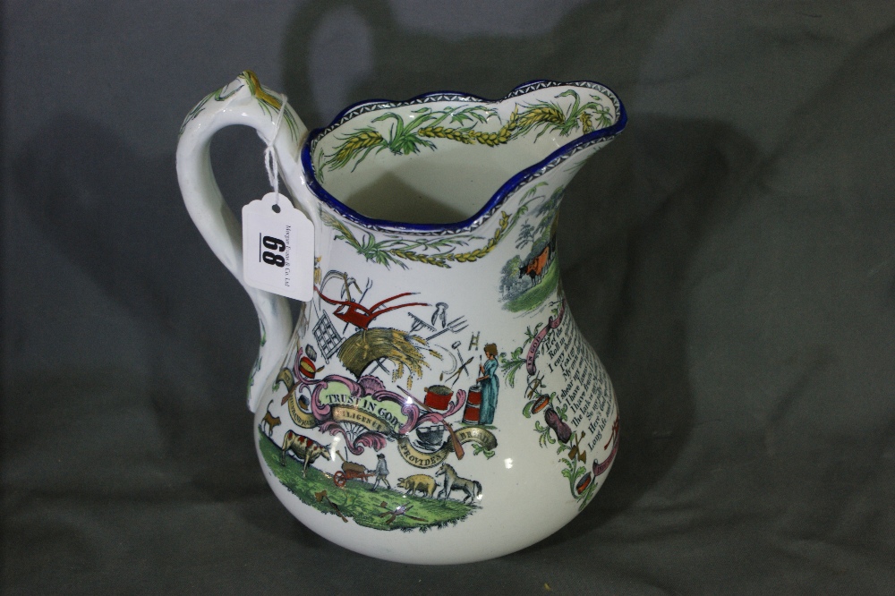 A Staffordshire Pottery Transfer Decorated Scroll Handled Jug, God Speed The Plough