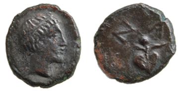 *Sicily, Naxos, AE onkia, c. 410-403 BC, diademed male head right, rev., vine leaf, pellet on