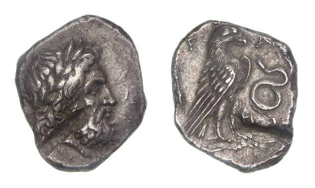 *Elis, Olympia, stater, c. 300-276 BC = 120th-126th Olympiad, laureate head of Zeus right, rev.,