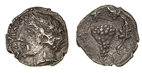 *Sicily, Naxos, litra, c. 420-403 BC, head of Dionysos left, wearing ivy wreath, ????O? in left