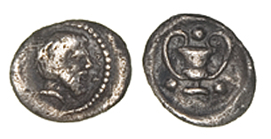 *Sicily, Naxos, AR 3 onkiai or tetras, c. 460-430 BC, bearded head of Silenos right, NA in right