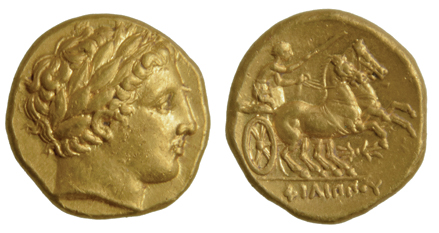 *Kings of Macedon, Philip II, gold stater, Amphipolis, laureate head of Apollo right, rev., biga