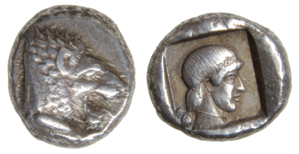 *Caria, Cnidus, drachm, c. 450 BC, lion’s head right, rev., head of Aphrodite right in incuse