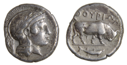 *Italy, Lucania, Thurium, stater, c. 400 BC, head of Athena right in wreathed helmet, rev., bull