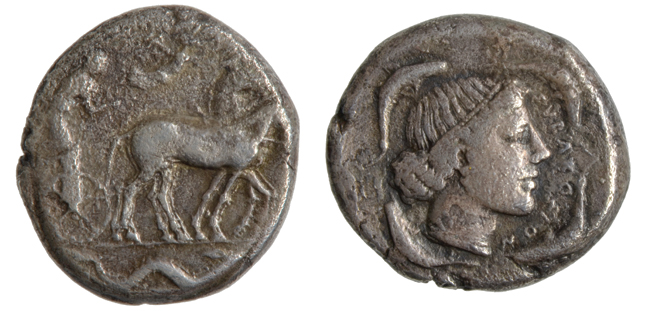 *Sicily, Syracuse, tetradrachm, c. 450 BC, quadriga, rev., head of Arethusa surrounded by four