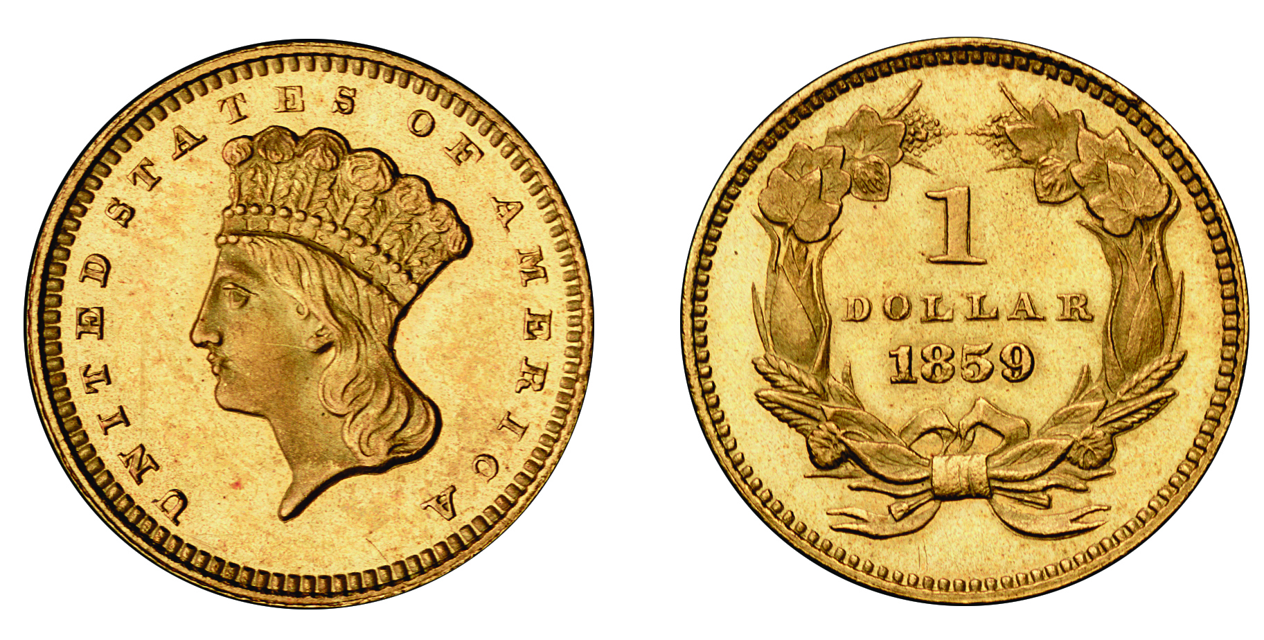 GOLD DOLLAR PROOF, 1859OBVERSE: UNITED STATES OF AMERICA, head of Liberty left, wearing feathered