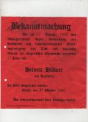 WWII an original handbill dated October 27th 1942 announcing that Helmut Hubner^ from Hamburg had