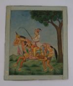 India Indian mughal miniature painting of noble o on horseback 19th century traces of gilt on