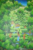 Bali a fine miniature painting in oil on canvas by M Sulandre showing a typical tea plantation in