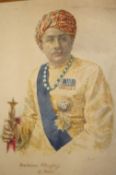 India – Maharajah of Kutch watercolour portrait by Swaine showing him in full regalia looking