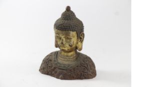 China – Chinese or Tibetan gilt Buddha head. Bronze or iron headpiece of Buddha c18/19th c
