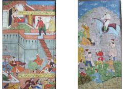 India two miniature paintings^ probably Moghul^ c19th c^ the first showing a fighting in a palace