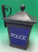 Victorian Police Station Blue Lamp: Black Iron work framed lamp having Blue glass inserts with