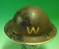 WW2 Warden Tommy Helmet: Black helmet having overall rusting but complete with liner and strap and