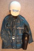 Scarce 1960s Blue Leather Motorbike Jacket: Four pocket jacket having Police badge to top pocket and