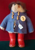 Gabrielle Paddington Bear: White long haired Bear with Blue Duffel Coat and Brown Felt Hat and Red