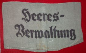 WW2 Heeres Bermaltung Armband: Auxiliaries armband Black Stitching on Grey Cotton Lots 450 to 489