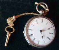 Silver Fob Watch: French engraved enamel faced fob watch complete with key 35mm diameter (working