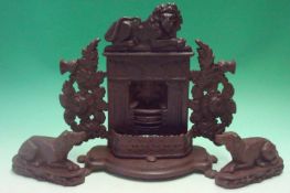 18th/19th Century Miniature Cast Iron Fire Place and Fire Dogs: Ornate Heavy cast Fire surround with