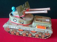 Tinplate Japanese Tank: M-57 U.S.A. Battery operated tank having the Logo Y within a 5 leave