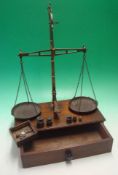 Victorian Pair of Brass Scales by W & T Avery: Mounted on wooden draw with a button handle comes
