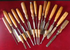 Great Collection of Early Wooden Chisels: To include makers Sobby, Woodcock, Mawhood, Ward,