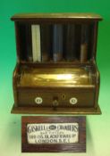 Victorian Oak & Brass Change Machine: comprising tubes of glass with coins to give change from