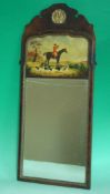 Mahogany mounted wall mirror with hand painted Hunting scene: Mahogany framed wall mirror with the
