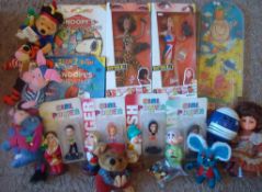 Box of Various Toys: To include 12" Spice Girl Dolls, and smaller examples Rubber Seven Dwarfs, Mr