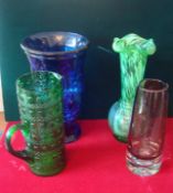 Four Large Pieces of Glass: To include Dark Cobolt Blue Vase 32cm, Green Jug with twisted handle