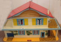 1960s CB Toys Wooden Dolls House: Two story House and garage having metal windows and doors comes