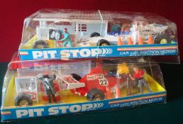 Pit Stop Plastic Friction Powered Racing Cars: Two examples both having pit stop and figures