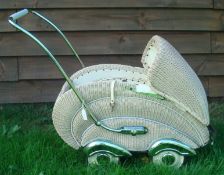 1930s Germany Wicker Dolls Push Chair: Great period child`s pushchair having chrome bumper, mud