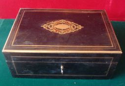 Mahogany Brass Inlaid Box: Ornate brass design to lid with a single band inlaid to edge comes