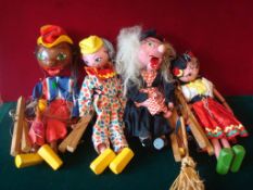 Pelham Puppets: Minstrel, Gypsy Girl, Clown, Witch all good clean un-boxed examples (4)