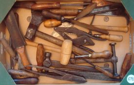 Collection of Tools: To include Thatcher`s Knife, Axe, Panel Hammer, Trowels, Vintage Irons, WW1