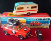 Mister P Toys (Greece) Mini Cooper with Caravan: Large scale red plastic Mini Cooper has cream