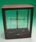 R Vandome Titford & Co London Laboratory Scales: Brass scales mounted in a glass case with pull up