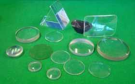 Small selection of Glass Lenses and Prisms: Boxed triangle Prism together with 1 other prism and 4