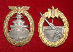 German KM Coastal Artillery and Auxiliary Cruisers War Badge: Gilt and White Metal with FFL 43