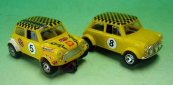 Scalextric Cars: Two un-boxed Mini Coopers in yellow with number 8 Transfer French issue Ref C/007