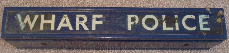 1970s Wharf Police Car top Light: Rectangle shaped box having Wharf Police White on Blue complete