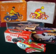 Collection of Tin Plate Toys: To include Dump Truck with Flashing Light and Dump action, Sedon